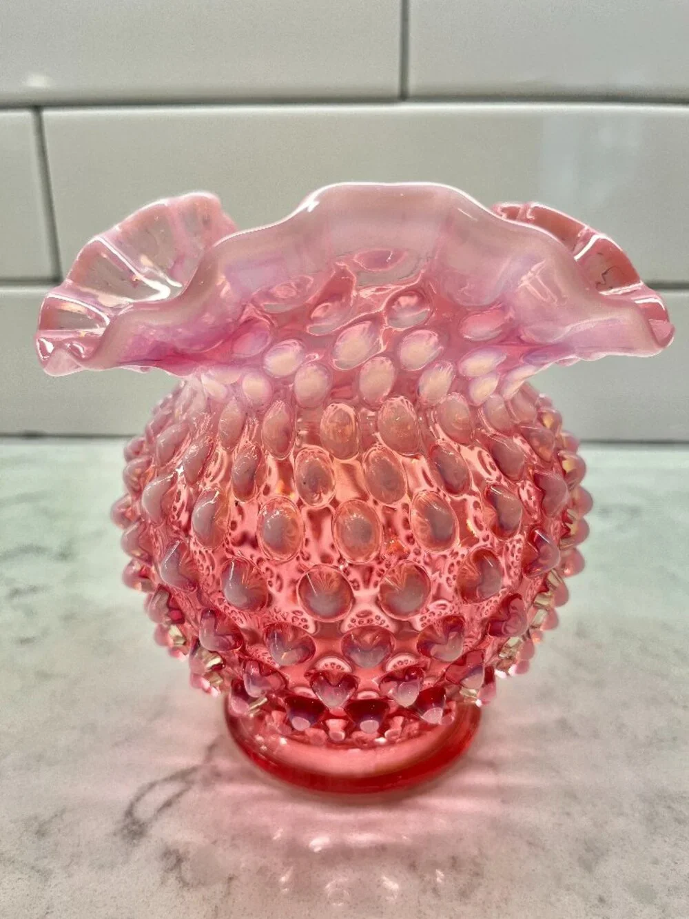 Fenton Glass Vase in the Cranberry Opalescent Hobnail Pattern